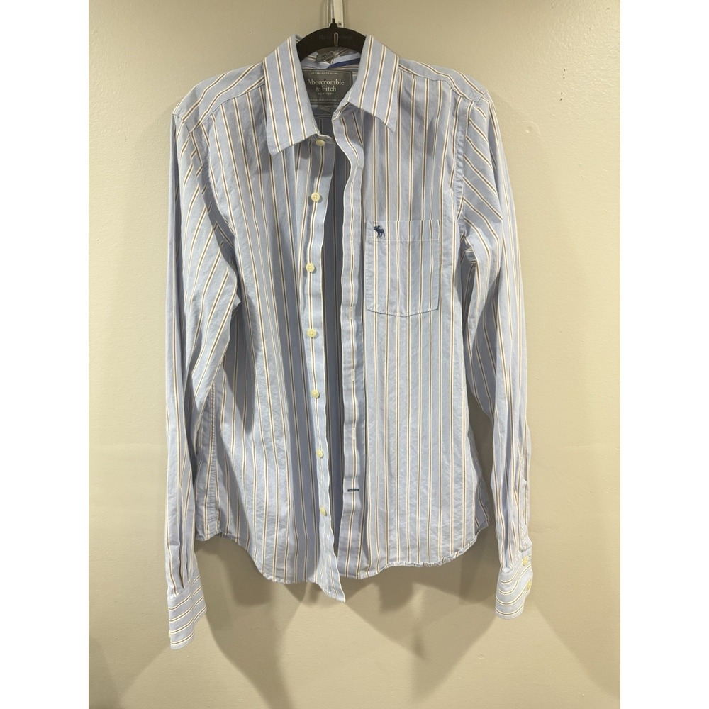 Abercrombie & Fitch Button Down Shirt Mens L Blue Brown Striped Fit Prep Logo
